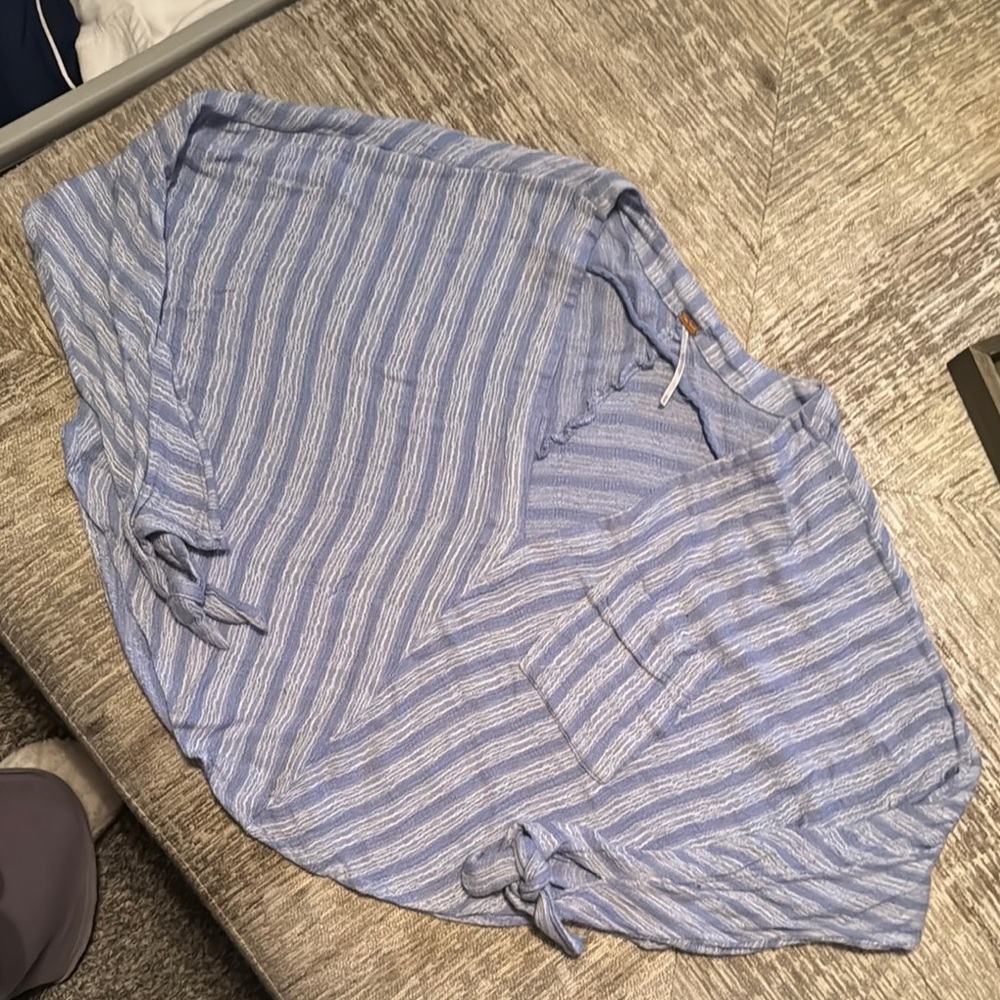Free People Blue Striped Blouse with Tie Sleeves
